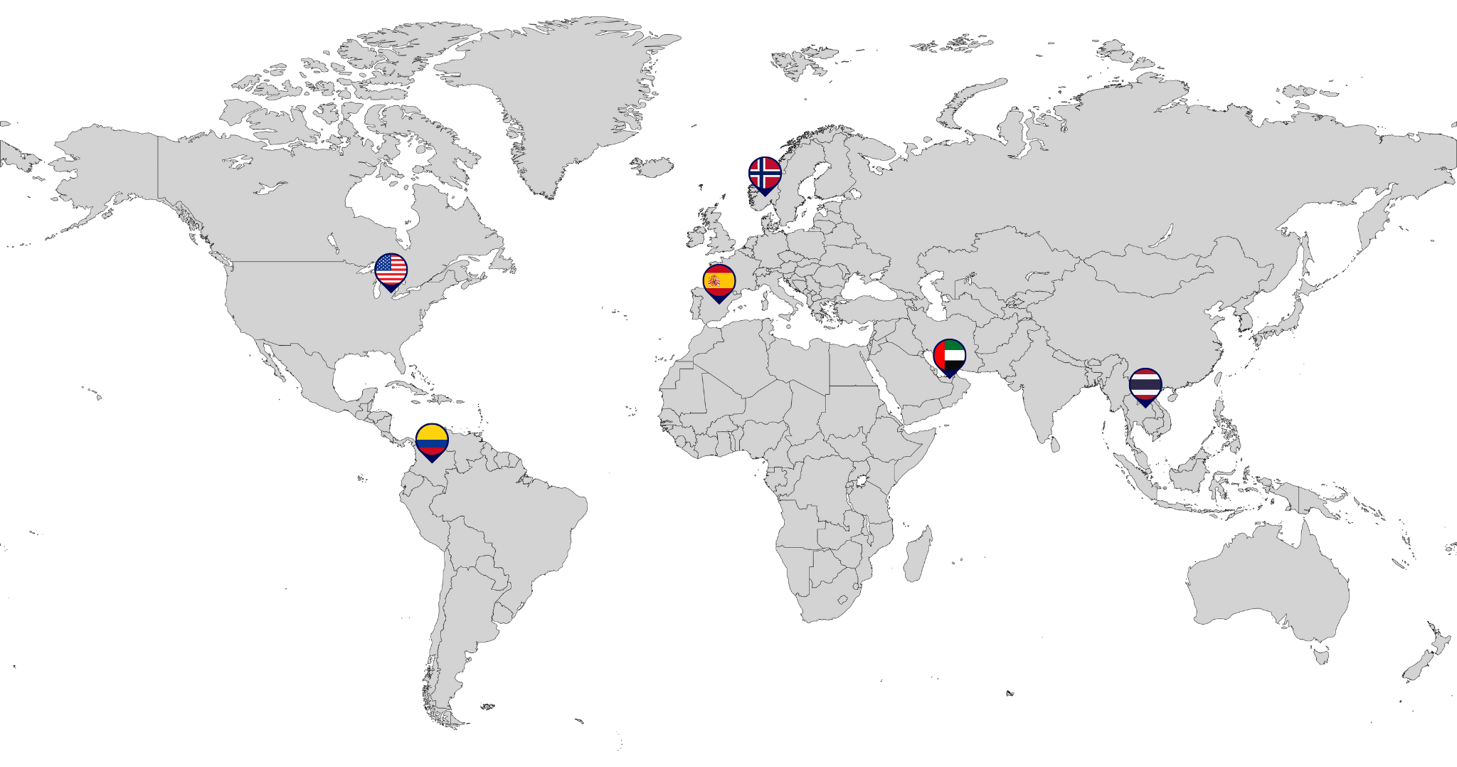 A map of the markets with Ford dealers or where FGFS can sell vehicles. With map pin locations—United States, Colombia, Spain, Norway, UAE, and Thailand— which represent Ford Global Fleet Sales offices.